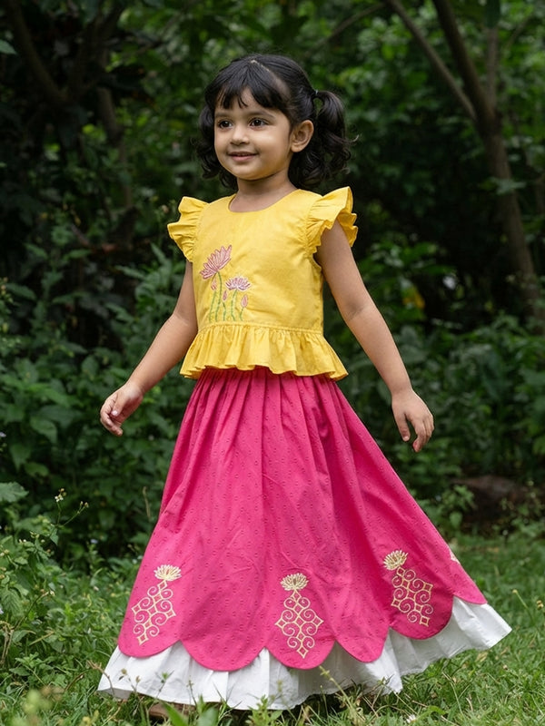 Girls Embroidered Yellow and Hot Pink Choli Lehenga Set - Lotus Pond