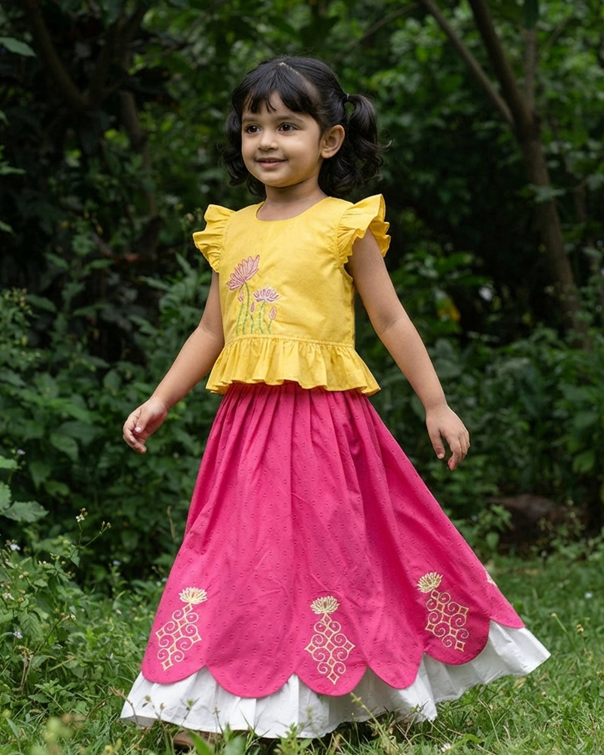 Girls Embroidered Yellow and Hot Pink Choli Lehenga Set - Lotus Pond