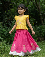 Girls Embroidered Yellow and Hot Pink Choli Lehenga Set - Lotus Pond