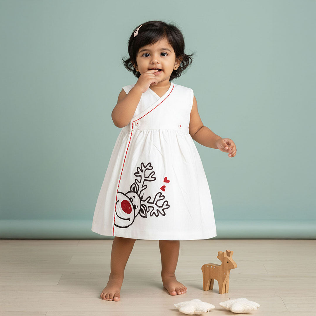 Keebee Organic Cotton Embroidered Girls Overlap Dress - Reindeer