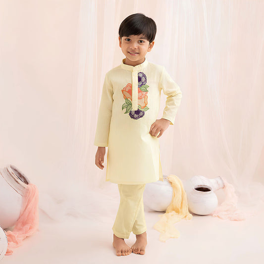 Keebee Organic Cotton Embroidered Yellow Kurta paired with Pajama Pants - Floral Bloom