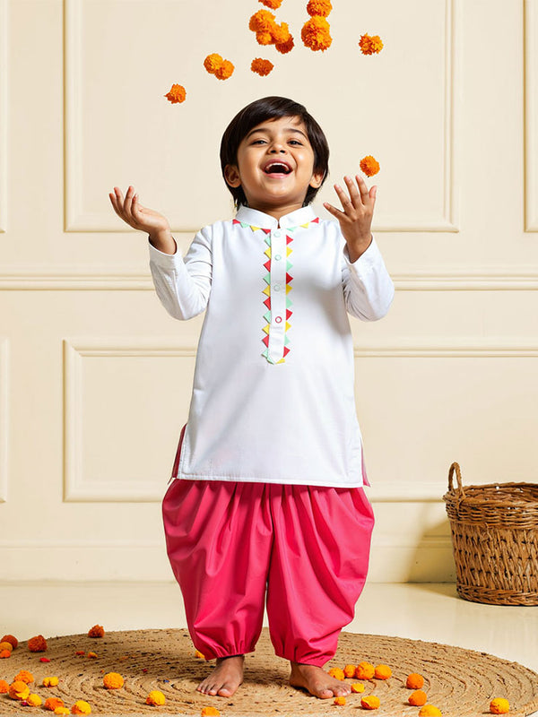 Baby Boy White Kurta paired with Red Patiala Pants - Festive Toran