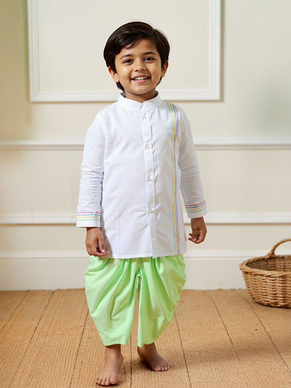 Baby Boy Embroidered White Kurta paired with Green Patiala Pants - Stripes