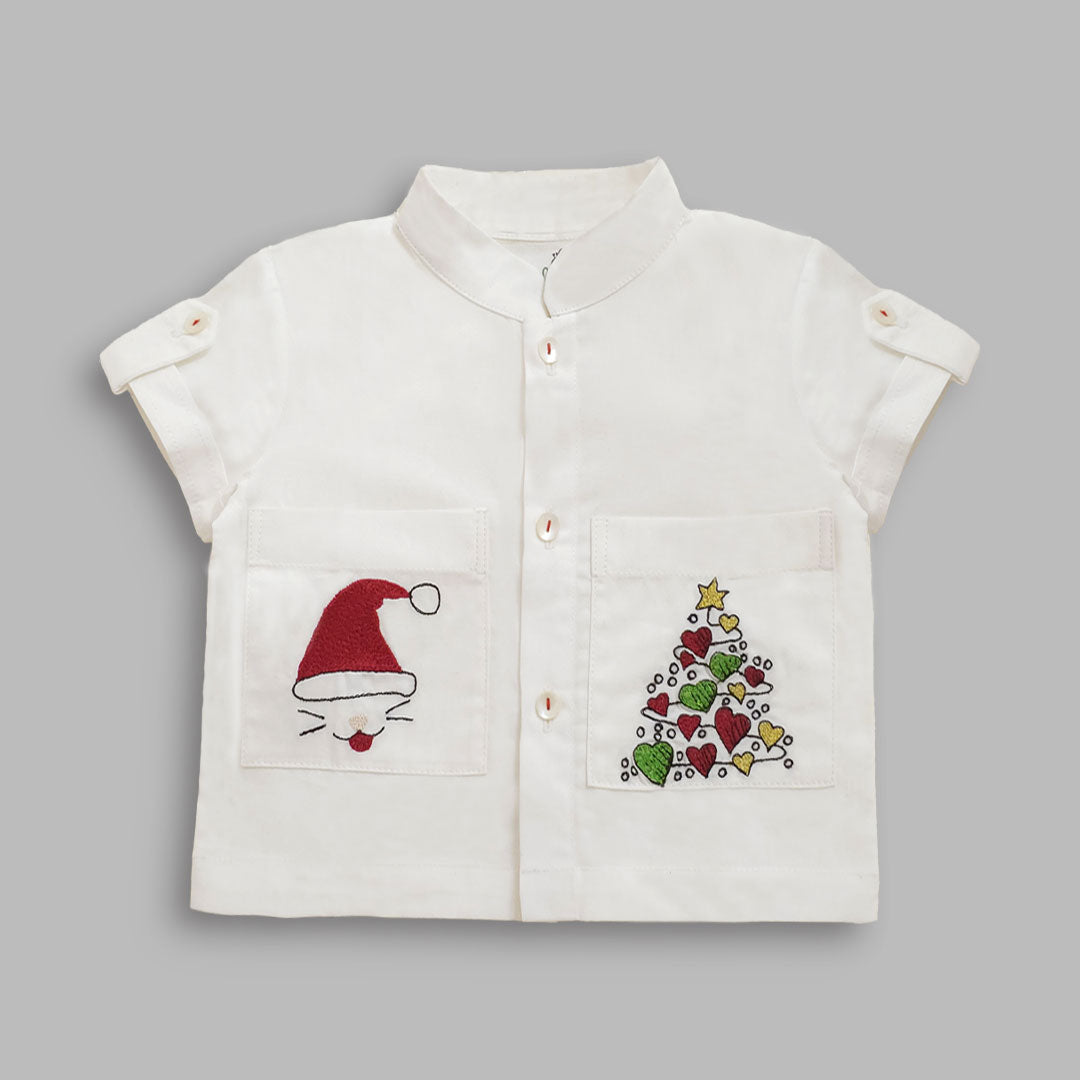 Keebee Organic Cotton Embroidered Shirt with Pockets - Santa and Xmas Tree