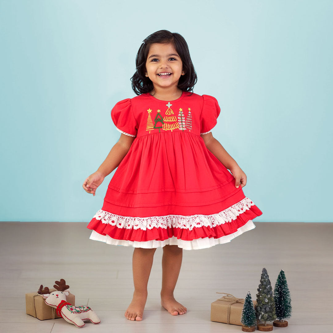 Keebee Organic Cotton Girls Red Puff Sleeve Peony Dress - Christmas Trees