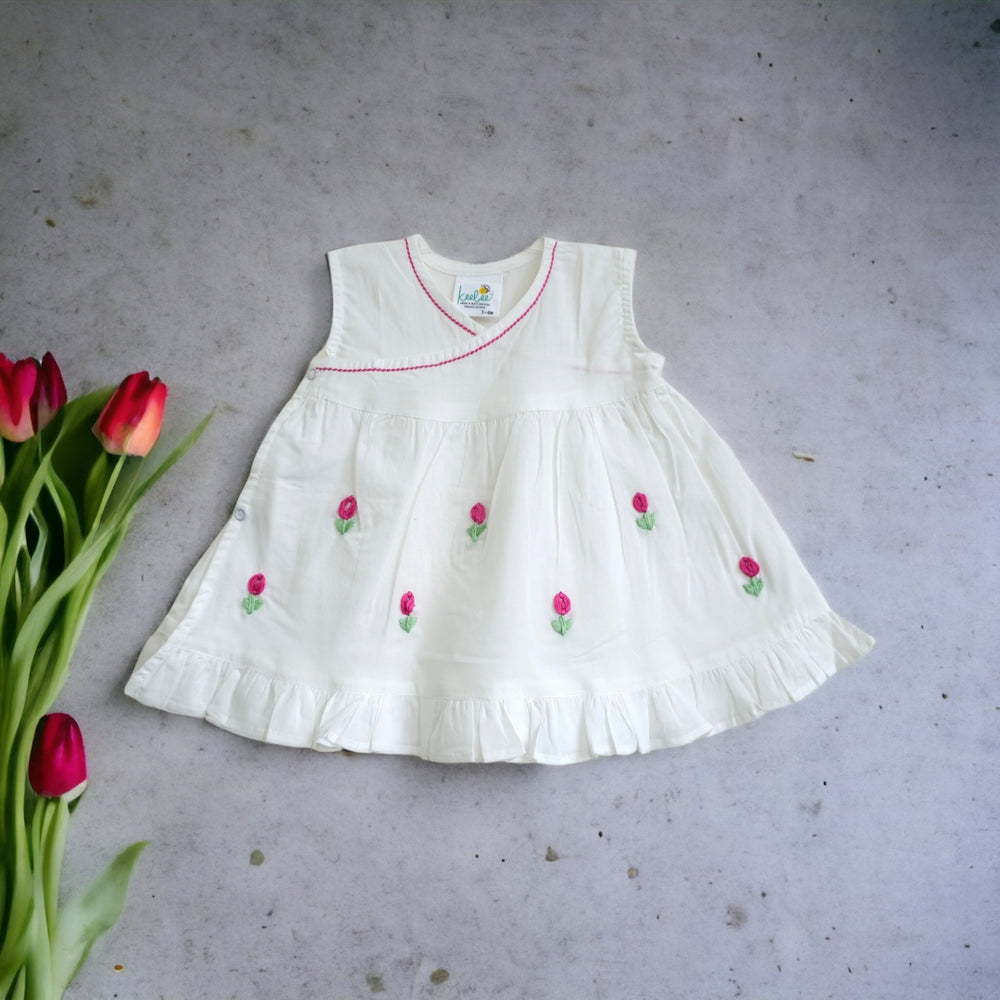 Hand-Embroidered White Dress - Tulips