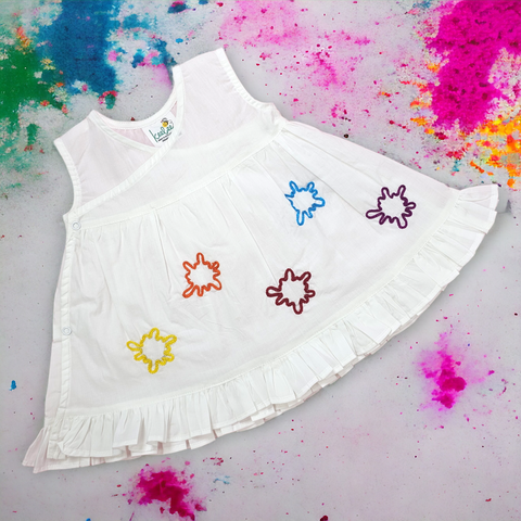 Keebee Organic Cotton Embroidered Color splash Girls White Dress