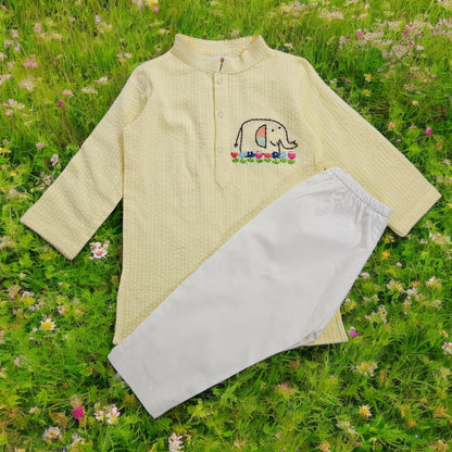 Hand Embroidered Yellow Kurta paired with Pajama Pants - Elephant