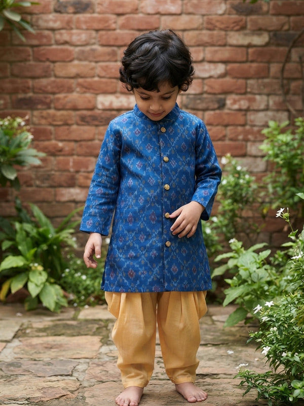 Boys Handloom Raw Silk Blue Ikat Kurta and Golden Yellow Dhoti Salwar Pants Set