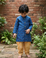 Boys Handloom Raw Silk Blue Ikat Kurta and Golden Yellow Dhoti Salwar Pants Set