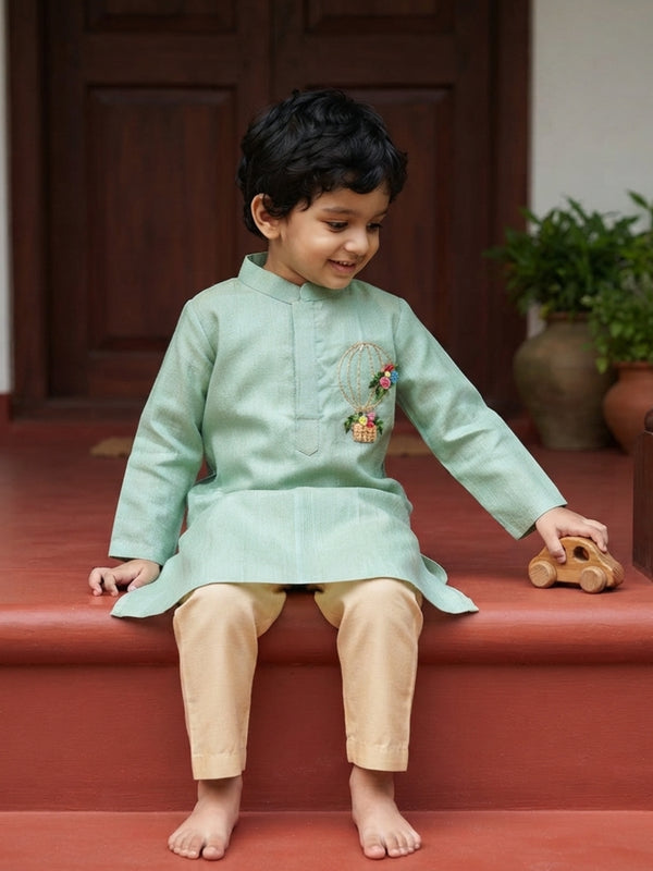Boys Handloom Raw Silk Embroidered Pastel Green Kurta and Pajama Pants Set - Hot Air Balloon