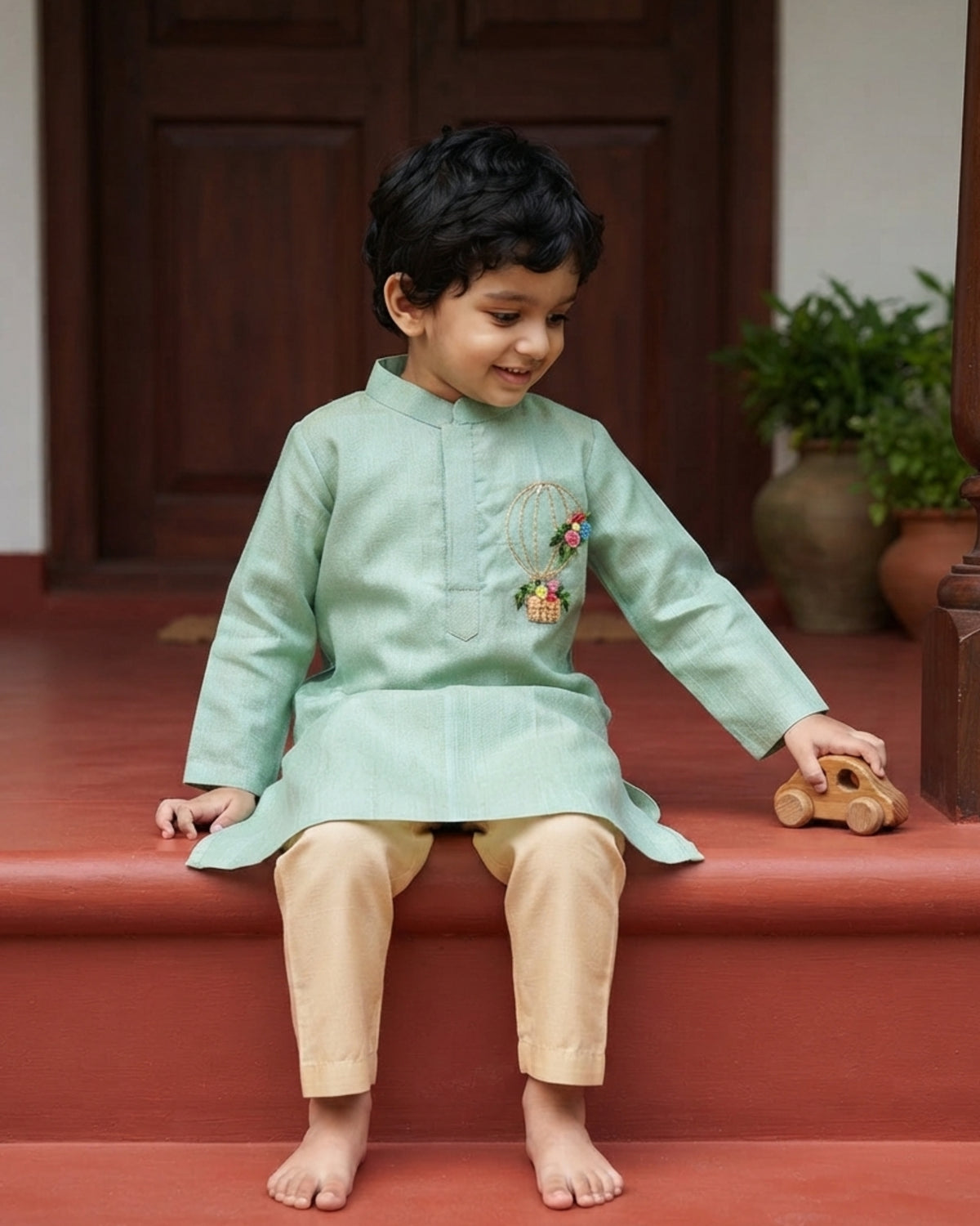 Boys Handloom Raw Silk Embroidered Pastel Green Kurta and Pajama Pants Set - Hot Air Balloon