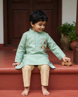Boys Handloom Raw Silk Embroidered Pastel Green Kurta and Pajama Pants Set - Hot Air Balloon
