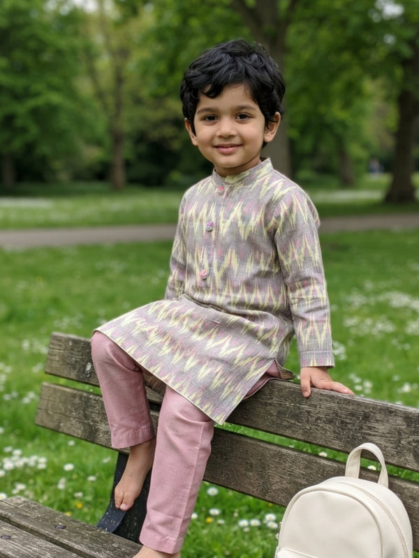 Boys Handloom Raw Silk Pastel Ikat Kurta and Pink Pajama Pants Set