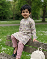 Boys Handloom Raw Silk Pastel Ikat Kurta and Pink Pajama Pants Set