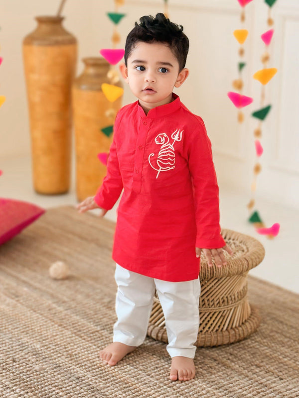 Baby Boy Embroidered Red Kurta paired with Pajama Pants - Tiger