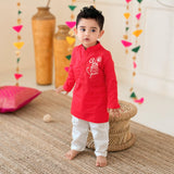 Baby Boy Embroidered Red Kurta paired with Pajama Pants - Tiger