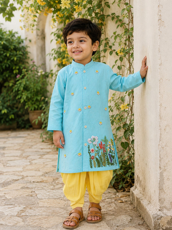 Boys Hand Embroidered Turquoise Blue Kurta paired with Patiala Pants - Flower Garden