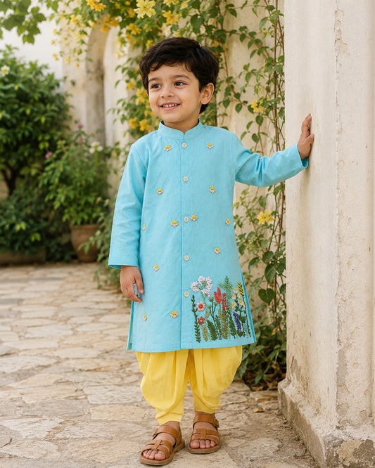 Boys Hand Embroidered Turquoise Blue Kurta paired with Patiala Pants - Flower Garden
