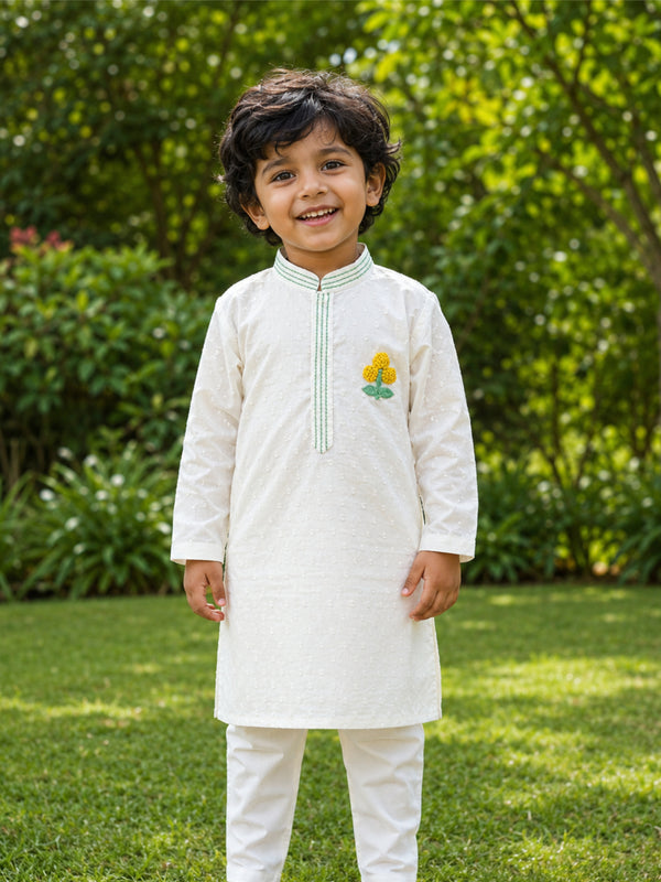 Boys Embroidered White Kurta paired with Pajama Pants - Marigold