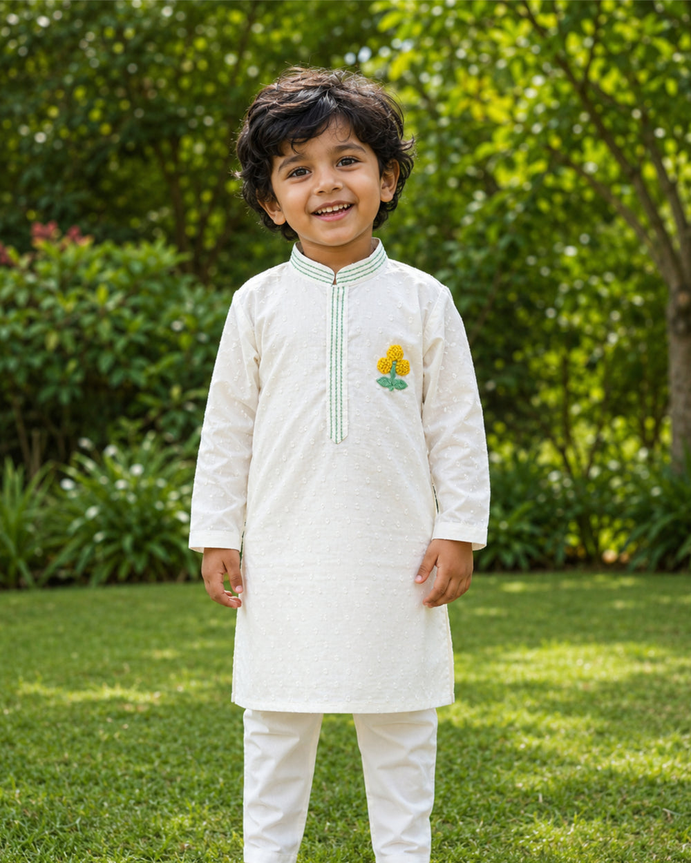 Boys Embroidered White Kurta paired with Pajama Pants - Marigold