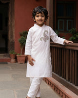 Boys Embroidered White Kurta paired with Pajama Pants - Paisley
