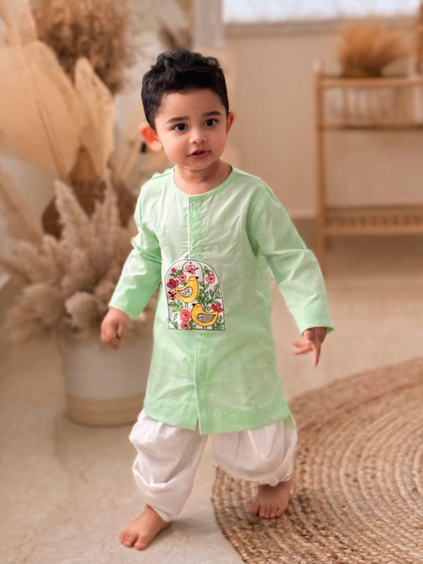 Boys Embroidered Green Kurta paired with Dhoti Salwar - Birds in Bloom