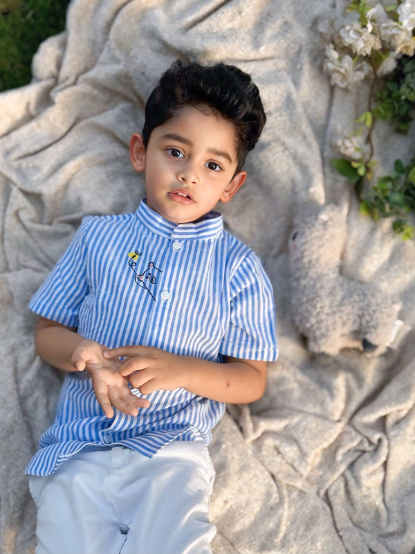 Boys Embroidered Blue and White Shirt - Peek-A-Bear