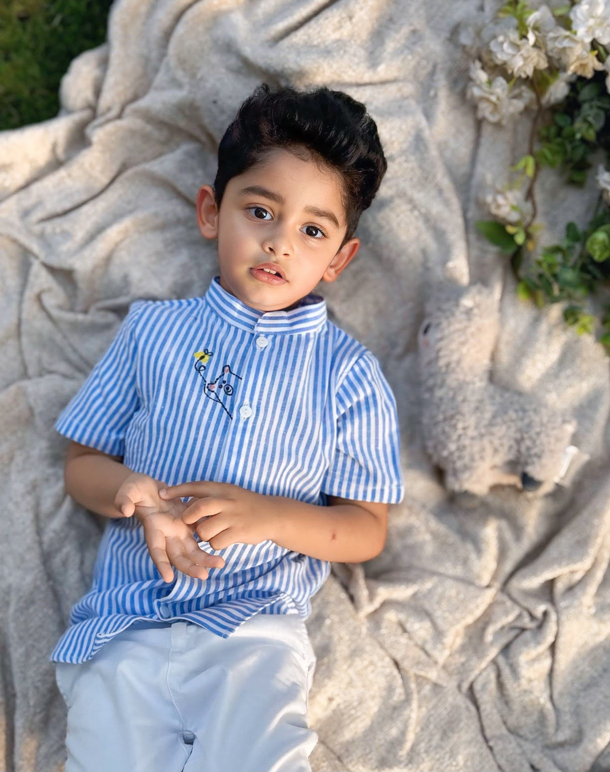 Boys Embroidered Blue and White Shirt - Peek-A-Bear