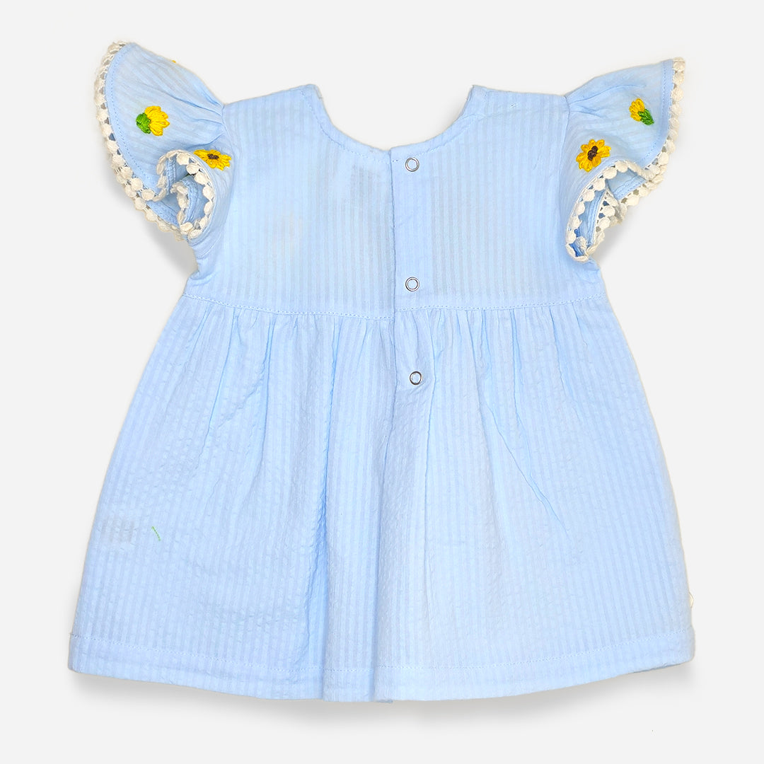Organic Cotton Embroidered Girls Blue Dress - Sunflower