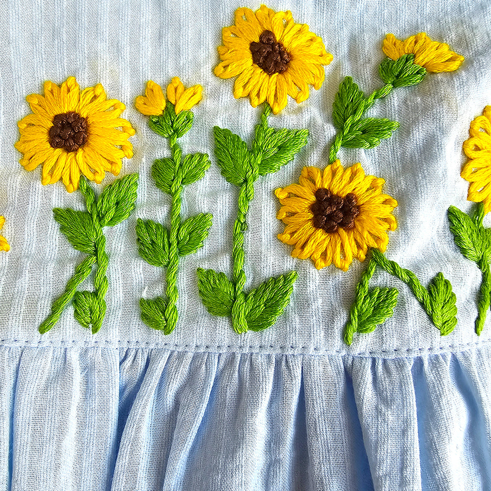 Girls Embroidered Blue Dress - Sunflower Garden