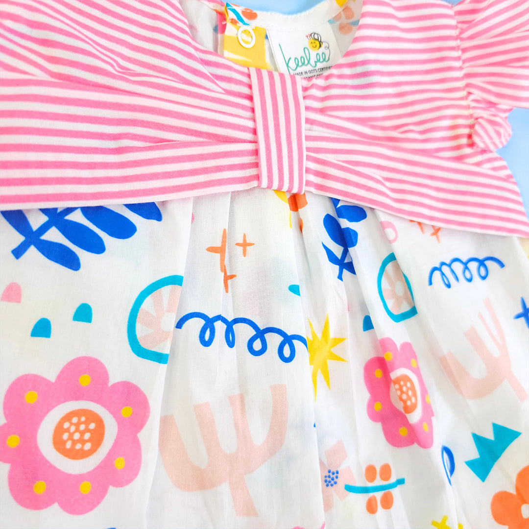 Keebee Organic Cotton Printed Baby Girl Pink Bow Dress- Lil Picasso