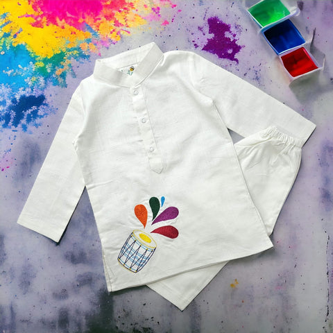 Keebee Organic Cotton Colourful Dholak Embroidered White Kurta paired with Pajama Pants