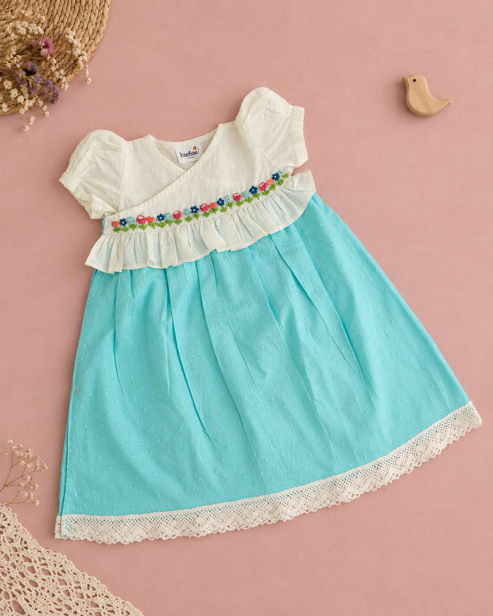 Baby Girl Turquoise Blue and White Wrap Style Lehenga and Accessories Set - Wild Flowers