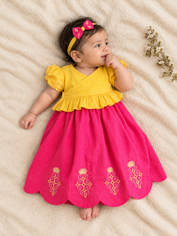Baby Girl Pink and Yellow Wrap Style Lehenga and Accessories Set - Lotus Pond