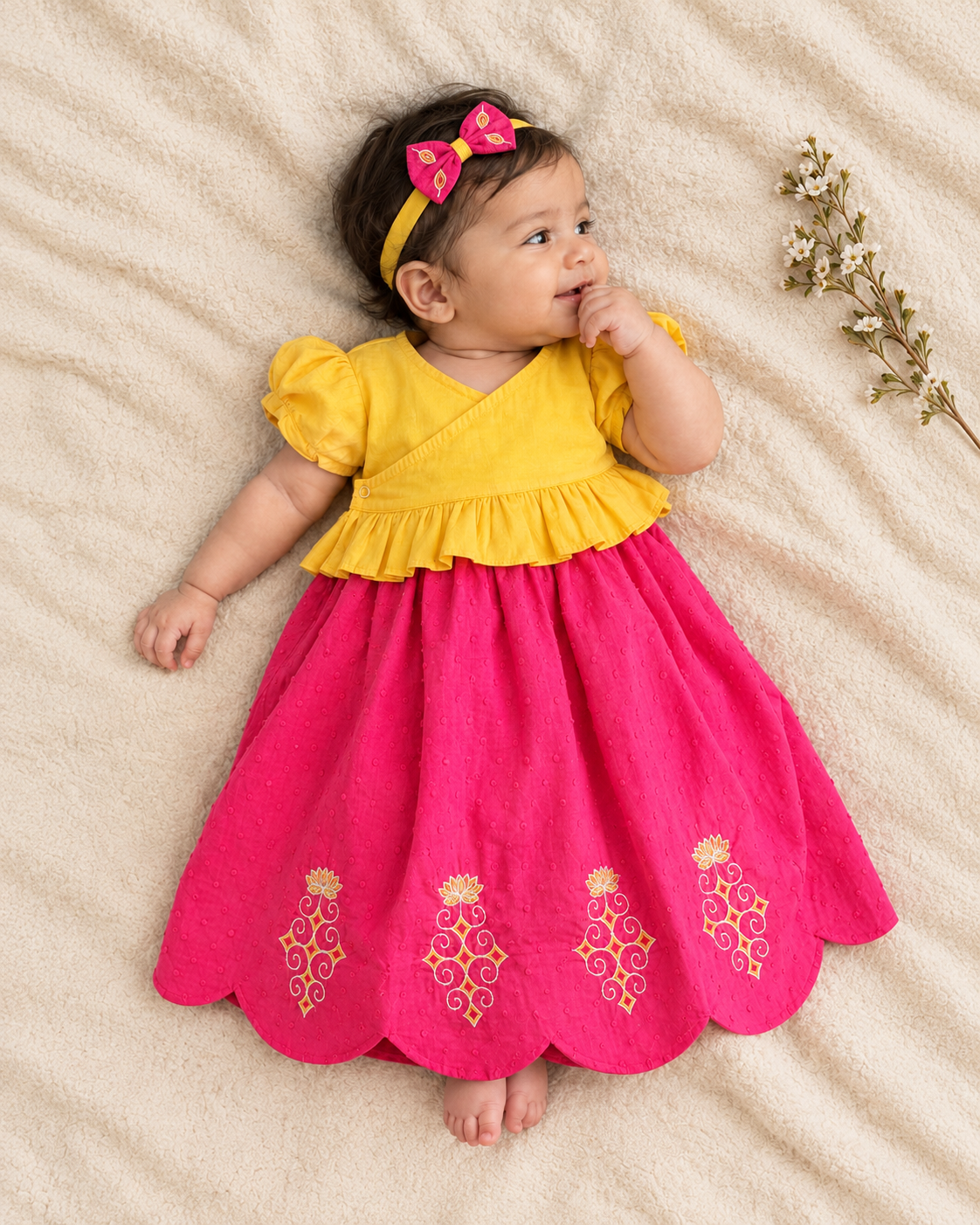 Baby Girl Pink and Yellow Wrap Style Lehenga and Accessories Set - Lotus Pond