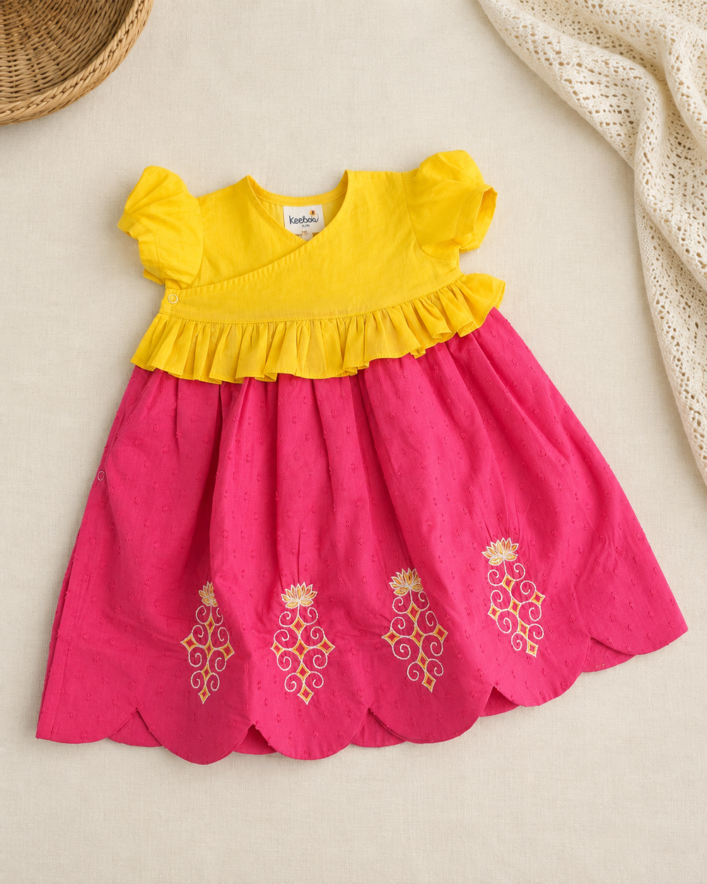 Baby Girl Pink and Yellow Wrap Style Lehenga and Accessories Set - Lotus Pond