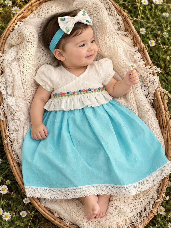 Baby Girl Turquoise Blue and White Wrap Style Lehenga and Accessories Set - Wild Flowers