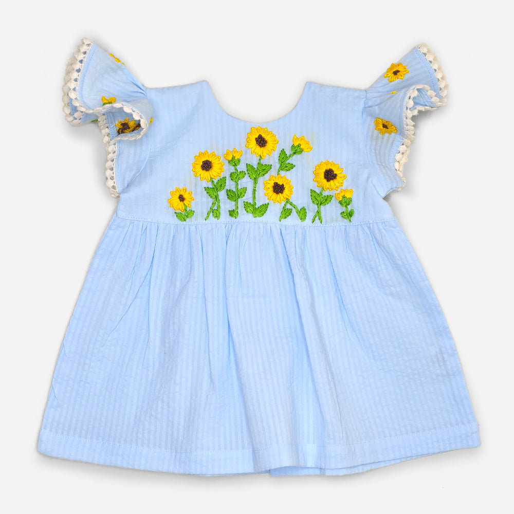 Girls Embroidered Blue Dress - Sunflower Garden