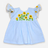 Girls Embroidered Blue Dress - Sunflower Garden