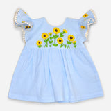 Organic Cotton Embroidered Girls Blue Dress - Sunflower