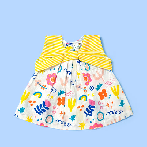 Keebee Organic Cotton Printed Girls Yellow Bow Dress - Little Picasso