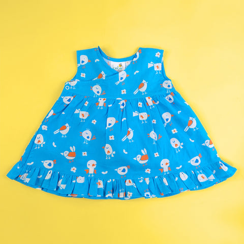 Keebee Organic Cotton Printed Girls Wrap Dress - Blue Birdie