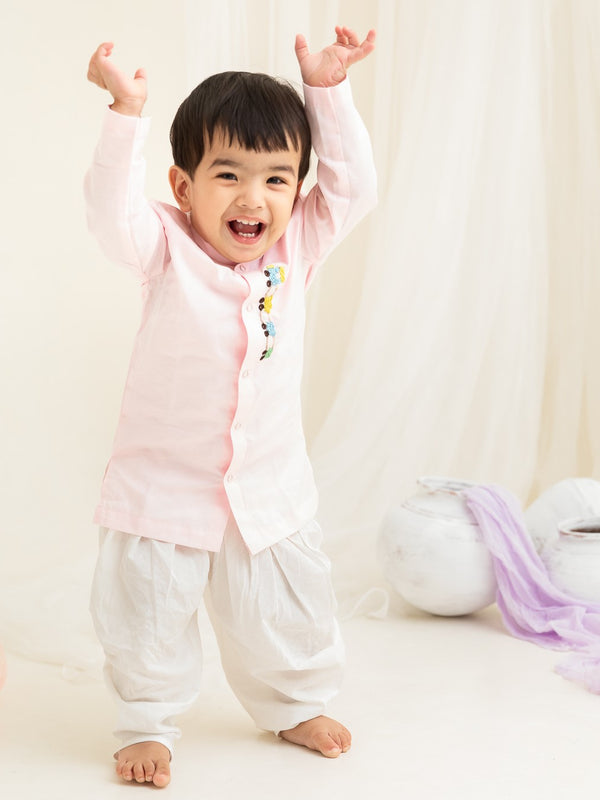 Baby Boy Embroidered Light Pink Kurta paired with Pajama Pants - Tiny Train