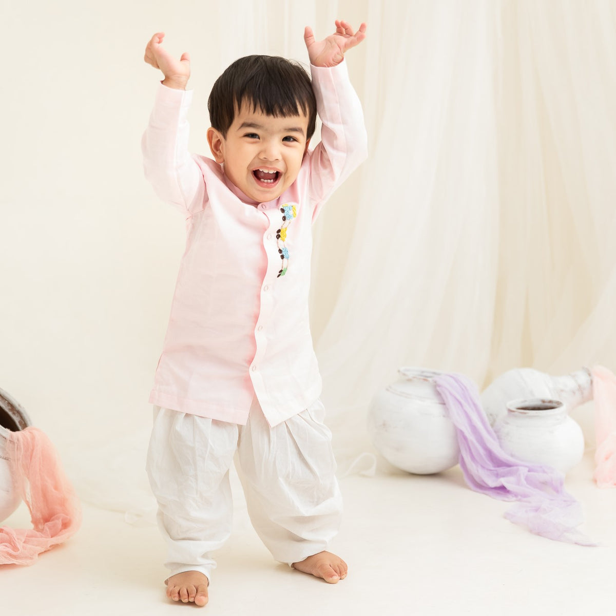 Baby Boy Embroidered Light Pink Kurta paired with Pajama Pants - Tiny Train
