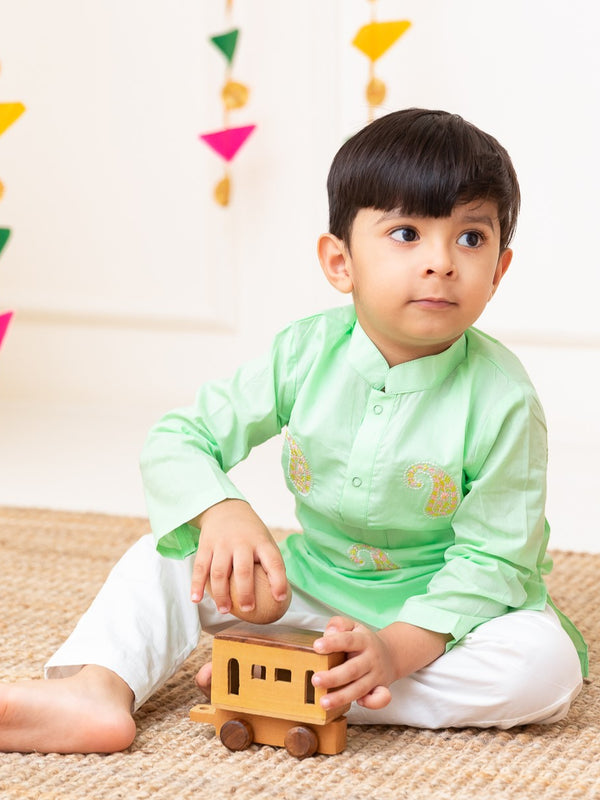 Boys Embroidered Green Kurta paired with Pajama Pants - Paisley