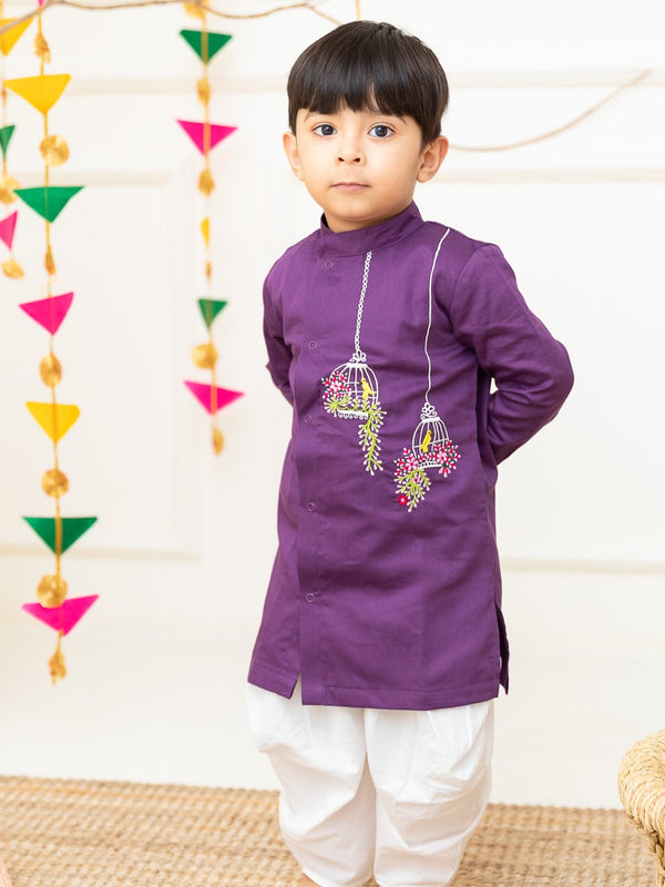 Boys Embroidered Purple Kurta paired with Dhoti Pants - Birdcage Garden