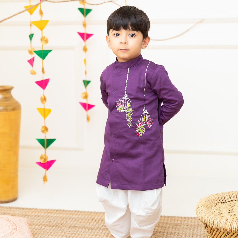 Boys Embroidered Purple Kurta paired with Dhoti Pants - Birdcage Garden