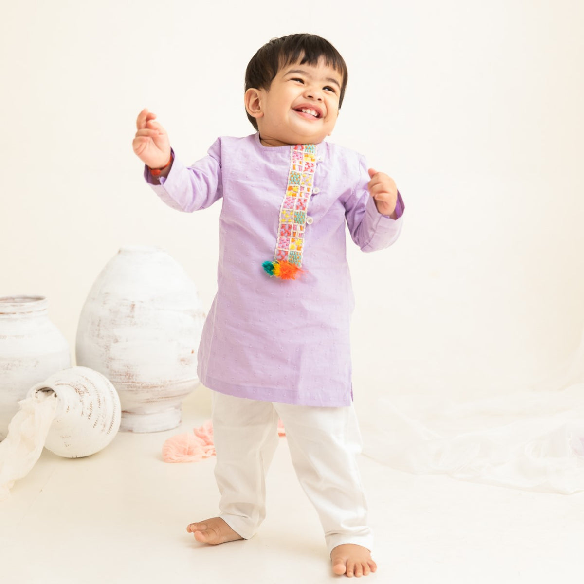 Boys Embroidered Lilac Kurta paired with Pajama Pants