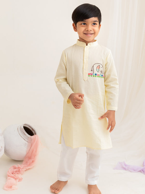 Boys Hand Embroidered Yellow Kurta paired with Pajama Pants - Elephant